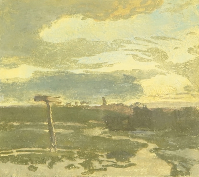 Charles Mack (?), mixed media and oil, Marshland, indistinctly inscribed, label verso, 19 x 21cm. Condition - fair